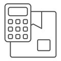 Parcel box with calculator thin line icon, delivery service concept. Vector graphics. Cardboard box with counting tool