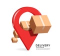 Parcel box or cardboard box floats in the air on the front and back of the red customer delivery placement pin