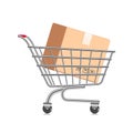 parcel box or cardboard place in a shopping cart Royalty Free Stock Photo