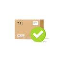 Parcel box with checkmark sign vector icon, flat cartoon parcel with tick, concept of approved or accepted delivery