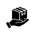 Parcel Box in Hand Silhouette Icon. Receive Present in Carton Package Glyph Pictogram. Give Cardboard Packaging Gift Royalty Free Stock Photo