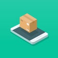 Parcel box on mobile phone vector illustration, flat cartoon smartphone with package cargo cardboard box, concept of