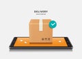 Parcel box and order confirmation icon pop-up on smartphone screen with an orange screen