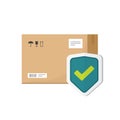 Parcel box protected with shield vector symbol, flat cartoon package icon with insurance or guarantee check isolated