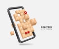 Parcel boxes or cardboaed boxes are stacked and floating on smartphone screen Royalty Free Stock Photo