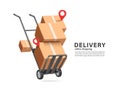 Parcel boxes or cardboard boxes are stacked on top of trolleys used in warehouse and red pin location for customer delivery place