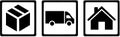 Parcel carrier icons. Parcel, van and house.