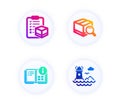 Parcel checklist, Instruction info and Search package icons set. Lighthouse sign. Vector