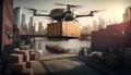 Parcel Delivery Concept With Flying Drone In Urban Area - Generative AI