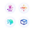 Parcel delivery, Lighthouse and Push cart icons set. Office box sign. Vector