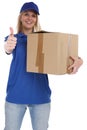 Parcel delivery service box package woman delivering job thumbs