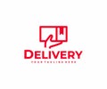 Parcel from delivery service courier logo design. Carton package with hand vector design Royalty Free Stock Photo