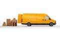 Parcel delivery in van transportation truck on white