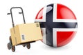 Parcel on the hand truck with Norwegian flag. Shipping in Norway, concept. 3D rendering