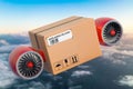 Parcel with jet engines flying in the sky. Fast Delivery concept, 3D rendering