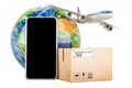 Parcel with mobile phone, Earth Globe and aeroplane. Global air freight and delivery, concept. 3D rendering