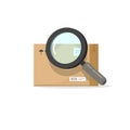 Parcel or order tracking vector illustration, flat cartoon magnifier glass searching or find package box, concept of