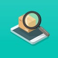 Parcel or order tracking via smartphone vector illustration, isometric cartoon magnifier glass searching or find package