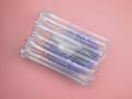 Transparent air packaging made of polypropylene on a pink background, top view. Royalty Free Stock Photo
