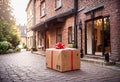 Parcel on the threshold of the entrance to the house near the door, delivery of goods to the house