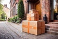 Parcel on the threshold of the entrance to the house near the door, delivery of goods to the house