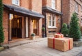 Parcel on the threshold of the entrance to the house near the door, delivery of goods to the house