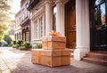 Parcel on the threshold of the entrance to the house near the door, delivery of goods to the house