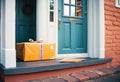 Parcel on the threshold of the entrance to the house near the door, delivery of goods to the house