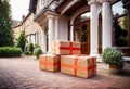 Parcel on the threshold of the entrance to the house near the door, delivery of goods to the house