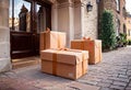 Parcel on the threshold of the entrance to the house near the door, delivery of goods to the house