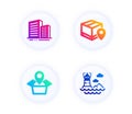 Parcel tracking, Package location and Buildings icons set. Lighthouse sign. Vector