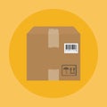 Box container with handling packing icons, stickers, bar code