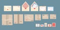 Parcels, envelope and postage stamps, Postal service icons pack collection. Top view, vector illustrations isolated