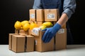 Parcels and food packages delivered safely with latex gloves during the epidemic