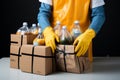 Parcels and food packages delivered safely with latex gloves during the epidemic