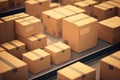 Parcels on production line in automative warehouse. Generative AI