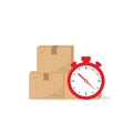 Parcels stack with red stopwatch or scales. Delivery box weight, package service, fast transportation, container