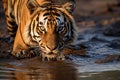 Parched Tiger drinking river. Generate Ai Royalty Free Stock Photo