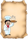 Parchment with chef holding pizza