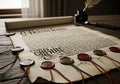 A parchment document with ornate Gothic script lies partially unrolled on a wooden table. Multiple Royalty Free Stock Photo
