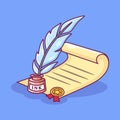 Parchment And Feather Pen Vector Icon Illustration. Feather Pen Writing On Paper with Medal. Tool Icon Concept White Isolated on Royalty Free Stock Photo