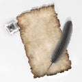 Parchment with quill adn inkpot paper texture background 3D illustration