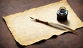 Parchment, quill and inkwell on a wooden table seen from above.