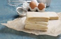 Parchment with raw wheat dough