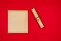 Parchment scroll for the to-do list on a red background. Glider, day planning, place for text and for entries. Copyspace Royalty Free Stock Photo