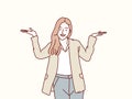 Pardon i dont know have no idea clueless shrug shoulders confused gesture young woman employee simple korean style illustration