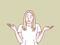 Pardon i dont know have no idea clueless shrug shoulders confused gesture young woman simple korean style illustration