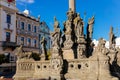 Pardubice, Czech Republic, 17 April 2022: Main Pernstynske square with townhall and baroque Plague or Marian column, colorful