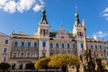 Pardubice, Czech Republic, 17 April 2022: Main Pernstynske square with townhall and baroque Plague or Marian column, colorful