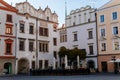 Pardubice, Czech Republic, 17 April 2022: Main Pernstynske square with townhall, colorful renaissance and baroque historical